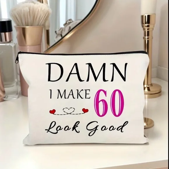60th Birthday Cosmetic Pouch - White with Black & Pink Accent - Picture 2 of 4
